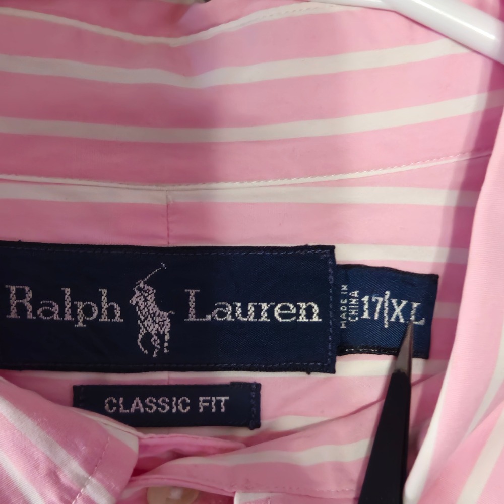 Ralph Lauren Button Down Shirt Men 17 XL Pink White Striped Classic Fit Cotton - Picture 3 of 6